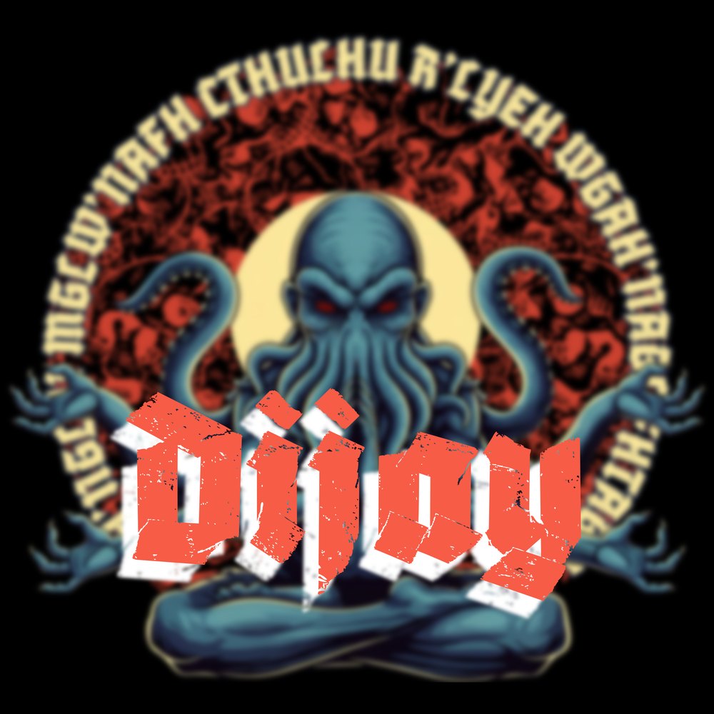 Dijay logo: a meditating Cthulhu in front of a red and cream ring of text, with the word Dijay across it