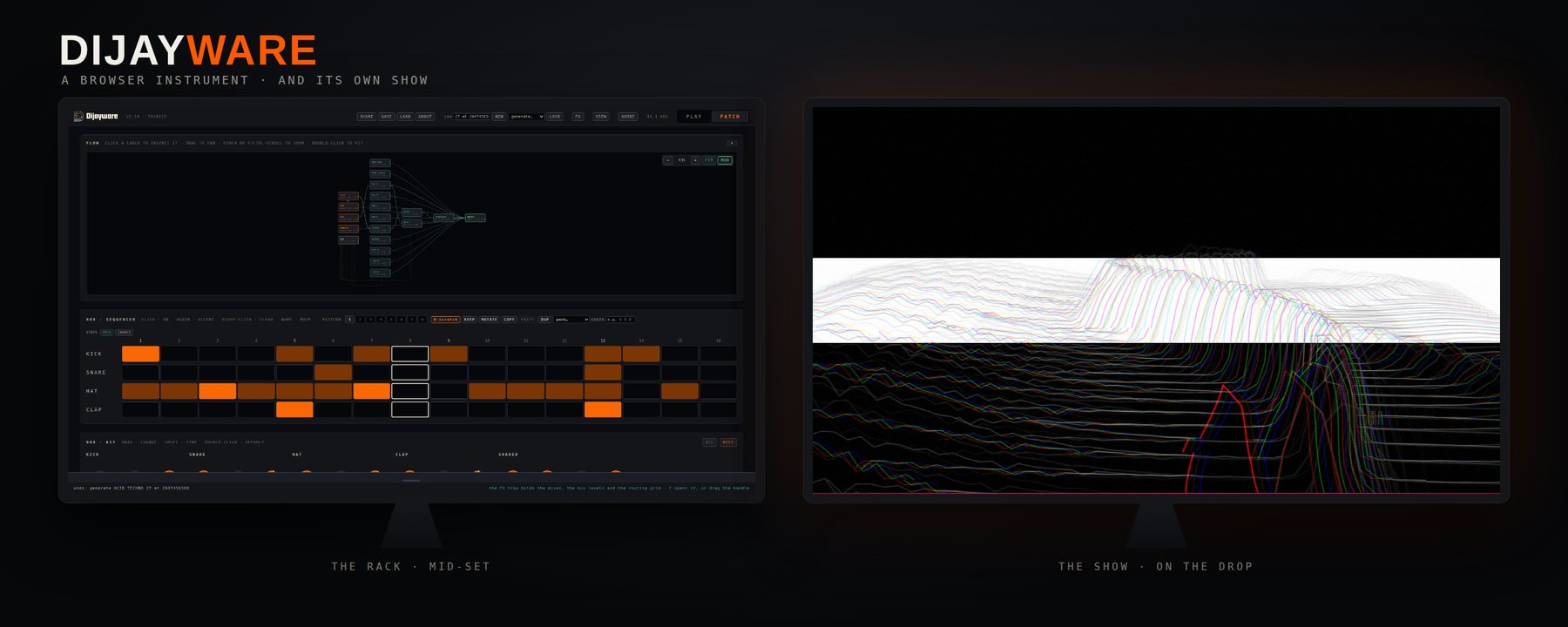 Dijayware in patch mode: the routing view and step sequencer on one screen, the visual show on another
